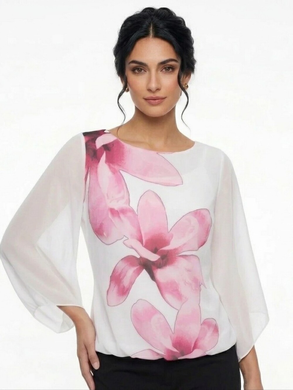 Alfani White Blouse with Pink Floral Design size MP